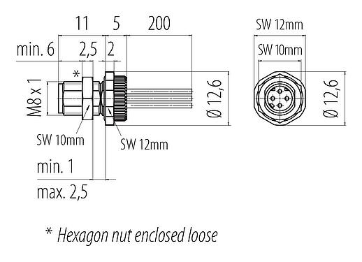 Scale drawing 76 6321 1011 00404-0200 - M8 Male panel mount connector, Contacts: 4, unshielded, single wires, IP67, M8x1.0, rear mounting