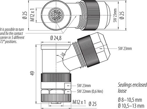 比例图 M12 Female angled connector, Contacts: 4+FE, 8.0-13.0 mm, unshielded, screw clamp, IP67, UL 2238, M12x1.0, for the power supply