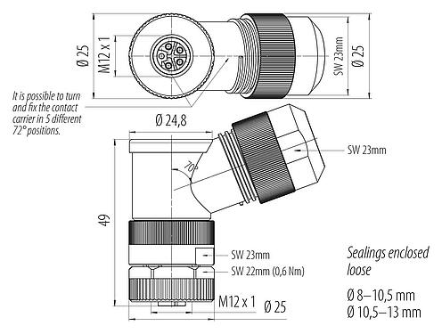 Scale drawing 99 0640 58 05 - M12 Female angled connector, Contacts: 4+FE, 8.0-13.0 mm, unshielded, screw clamp, IP67, UL 2238, M12x1.0, for the power supply