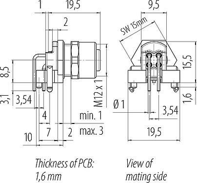 比例图 M12 孔头法兰座, 极数: 4, 非屏蔽, THR, IP67, UL 2238, M12x1.0, 後壁安裝, 可分离设计