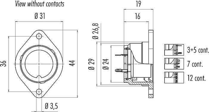 Scale drawing Bayonet Female panel mount connector, Contacts: 12, unshielded, solder, IP40, Front mounting