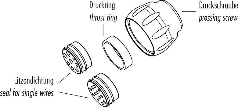 Scale drawing Bayonet Seal, Strand seal, pressure ring, pressure screw loose in bag