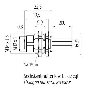 Scale drawing 76 0646 1134 00035-0200 - M12 Female panel mount connector, Contacts: 5, unshielded, single wires, IP68, UL 2238, M16x1.5, screwable from the front