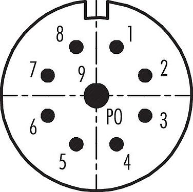 联系安排 (外掛程式側) M23 针头方型法兰座, 极数: 9, 非屏蔽, 焊接, IP67, M2 (4x), 後壁安裝