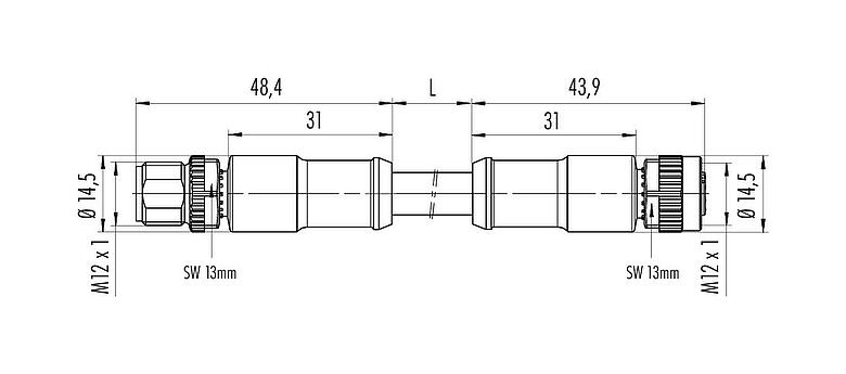 Scale drawing 77 0606 0605 50704-0500 - M12/M12 Male cable connector - female cable connector, Contacts: 4, unshielded, moulded on the cable, IP68, PUR, black, 4 x 1.50 mm², 5 m