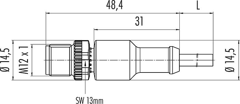 比例图 M12 直头针头电缆连接器, 极数: 5, 非屏蔽, 预铸电缆, IP68/IP69K, PUR, 黑色, 5x0.34mm², 用于焊接应用, 2m