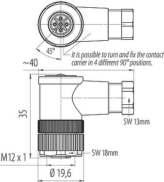 比例图 M12 弯角孔头电缆连接器, 极数: 4, 4.0-6.0mm, 非屏蔽, 螺钉接线, IP67, UL 2238