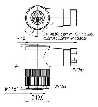 Scale drawing M12 Female angled connector, Contacts: 4, 4.0-6.0 mm, unshielded, screw clamp, IP67, UL 2238