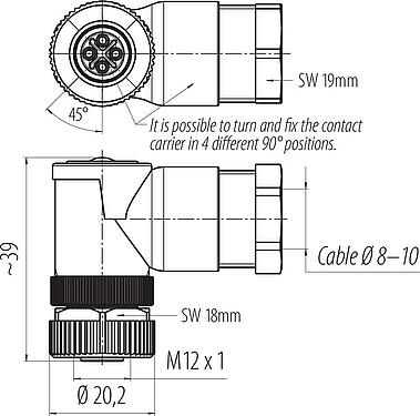 比例图 M12 弯角孔头电缆连接器, 极数: 3+PE, 8.0-10.0mm, 非屏蔽, 螺钉接线, IP67, UL 2238, VDE