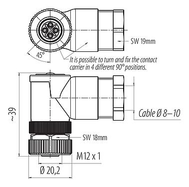 比例图 M12 弯角孔头电缆连接器, 极数: 3+PE, 8.0-10.0mm, 非屏蔽, 螺钉接线, IP67, UL 2238, VDE