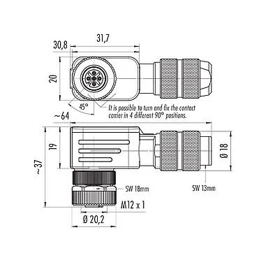 Scale drawing M12 Female angled connector, Contacts: 5, 5.0-8.0 mm, shieldable, screw clamp, IP67, UL 2238