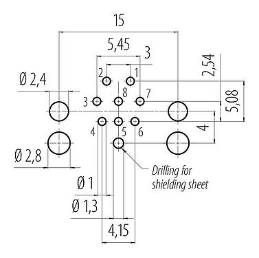 导体结构 M12 针头法兰座,弯角, 极数: 8, 可接屏蔽, THR, IP68, UL 2238, 後壁安裝, 用于PCB组装