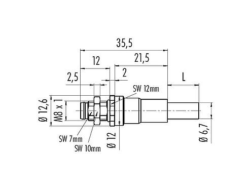Scale drawing M8 Male panel mount connector, Contacts: 4, shielded, with cable assembled, IP67, M8x1.0, Ethernet, PUR, green, 4 x AWG 22, Rear mounting, potted, 0.5 m