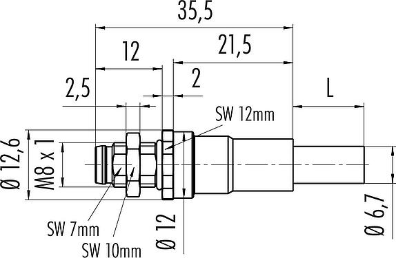比例图 M8 针头法兰座, 极数: 4, 屏蔽, 法兰座带电缆, IP67, M8x1.0, Ethernet, PUR, 绿色, 4xAWG 22, 後壁安裝, 模压成型, 0.5m