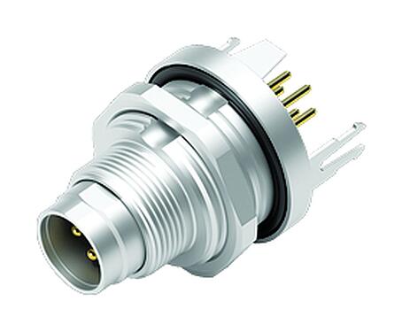 插图 M9 针头法兰座, 极数: 5, 可接屏蔽, THT, IP67, M12x0.5, 後壁安裝, 模压成型