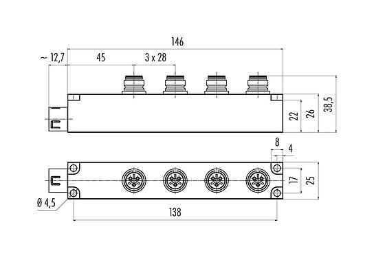 Scale drawing 72 9140 000 04 - Snap-In 4-way distributor, Contacts: 5, unshielded, pluggable, IP67