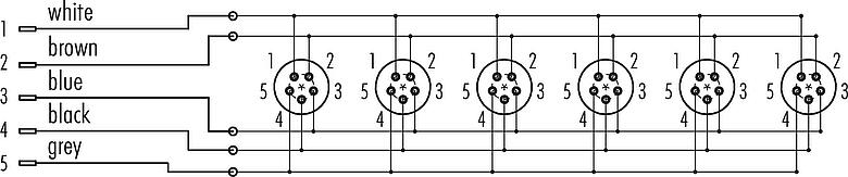 Pin assignment plans Snap-In 6-way distributor, Contacts: 5, unshielded, pluggable, IP67