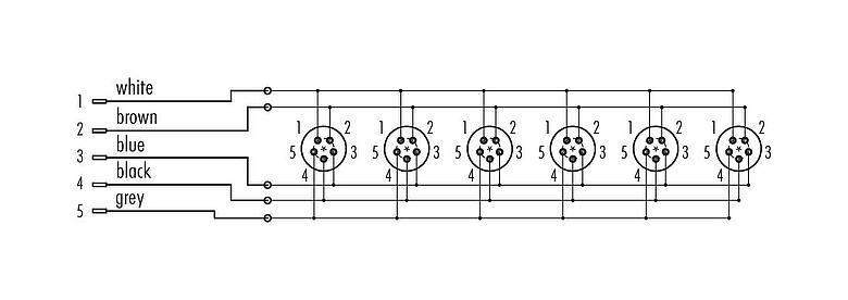 Pin assignment plans Snap-In 6-way distributor, Contacts: 5, unshielded, pluggable, IP67
