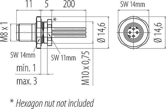 Scale drawing M8 Male panel mount connector, Contacts: 4, unshielded, single wires, IP67, M8x1.0, Front mounting