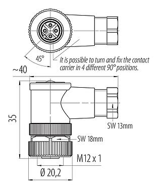 比例图 99 0430 135 04 - M12 弯角孔头电缆连接器, 极数: 4, 4.0-6.0mm, 非屏蔽, 螺钉接线, IP67, UL