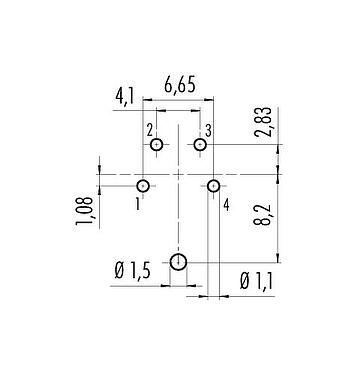 Conductor layout 09 0312 290 04 - M16 Female panel mount connector, Contacts: 4 (04-a), shieldable, THT, IP40, Front mounting