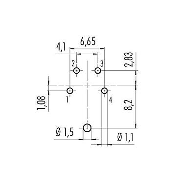 Conductor layout 09 0112 290 04 - M16 Female panel mount connector, Contacts: 4 (04-a), shieldable, THT, IP67, UL, front fastened