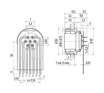 连接和尺寸 M16 孔头法兰座, 极数: 7 (07-a), 非屏蔽, THT, IP40, M18x0,75, 後壁安裝