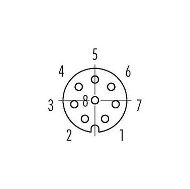 联系安排 (外掛程式側) M8 孔头法兰座, 极数: 8, 可接屏蔽, THT, IP67, UL 2238, M10x0.75, 後壁安裝, 模压成型