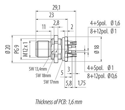 Scale drawing M12 Male panel mount connector, Contacts: 4, shieldable, THT, IP68, UL 2238, PG 9, Rear mounting, potted
