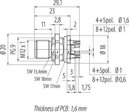 Scale drawing M12 Male panel mount connector, Contacts: 4, shieldable, THT, IP68, UL 2238, PG 9, Rear mounting, potted