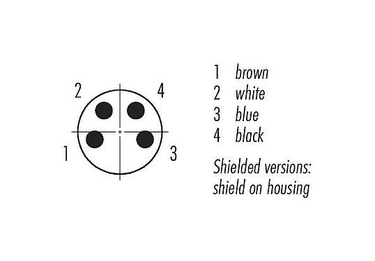 Contact arrangement (Plug-in side) 77 3505 0000 50704-0200 - M8 Male cable connector, Contacts: 4, shielded, moulded on the cable, IP67, PUR, black, 4 x 0.34 mm², 2 m