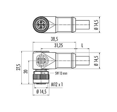 Scale drawing M12 Female angled connector, Contacts: 5, shielded, moulded on the cable, IP68, UL 2238, CAN-Bus, PUR, violet, 1 x 2 x AWG 22 + 1 x 2 x AWG 24, 5 m