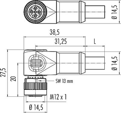 Scale drawing M12 Female angled connector, Contacts: 5, shielded, moulded on the cable, IP68, UL 2238, CAN-Bus, PUR, violet, 1 x 2 x AWG 22 + 1 x 2 x AWG 24, 2 m