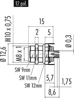 比例图 M8 Female panel mount connector, Contacts: 12, shieldable, THT, IP67/IP69K, UL 2238, M10x0.75, Rear mounting, potted