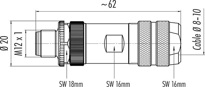 比例图 M12 直头针头电缆连接器, 极数: 12, 8.0-10.0mm, 可接屏蔽, 焊接, IP67, UL 2238, 带防护环
