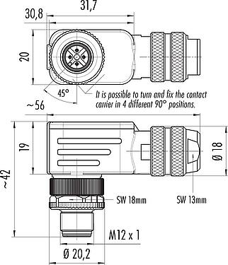 Scale drawing M12 Male angled connector, Contacts: 4, 4.0-6.0 mm, shieldable, wire clamp, IP67, with shielding ring