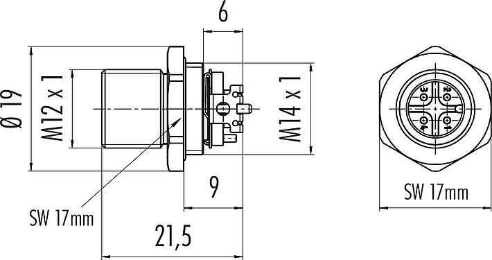 比例图 M12 针头法兰座, 极数: 4, 可接屏蔽, SMT, IP67, M14x1.0, 後壁安裝