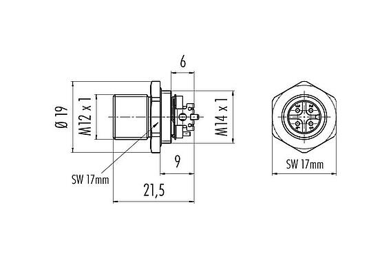Scale drawing M12 Male panel mount connector, Contacts: 4, shieldable, SMT, IP67, M14x1.0, Rear mounting