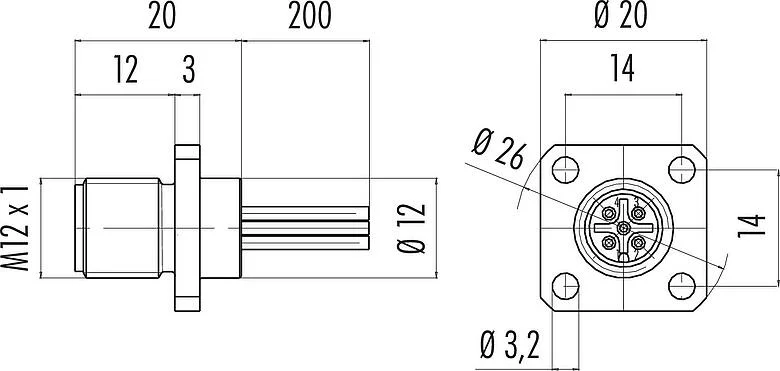 比例图 M12 针头方型法兰座, 极数: 12, 非屏蔽, 带导线, IP40, UL 2238, M3 (4x), 板前安装, 模压成型