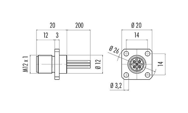 比例图 M12 针头方型法兰座, 极数: 8, 非屏蔽, 带导线, IP40, UL 2238, M3 (4x), 板前安装, 模压成型