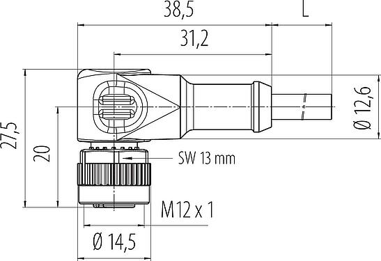 比例图 M12 弯角孔头电缆连接器, 极数: 4, 非屏蔽, 预铸电缆, IP68/IP69K, UL 2238, PUR, 黑色, 4x0.34 mm², 带LED的PNP, 5m