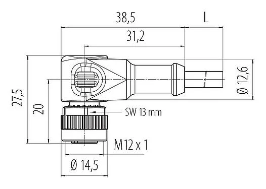 Scale drawing M12 Female angled connector, Contacts: 4, unshielded, moulded on the cable, IP68/IP69K, UL 2238, PVC, grey, 4 x 0.34 mm², with LED PNP, 2 m