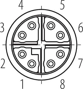 联系安排 (外掛程式側) M12 孔头法兰座, 极数: 8, 可接屏蔽, SMT, IP68, M14x1.0, 後壁安裝