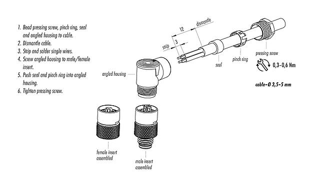 Assembly instructions M8 Male angled connector, Contacts: 3, 3.5-5.0 mm, unshielded, solder, IP67, UL 2238