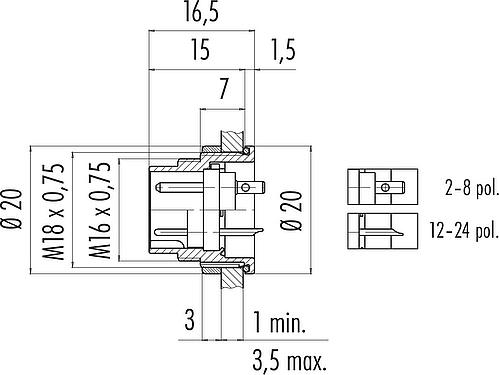 Scale drawing M16 Male panel mount connector, Contacts: 3 (03-a), unshielded, solder, IP67, UL 2238, M18x0,75, Rear mounting