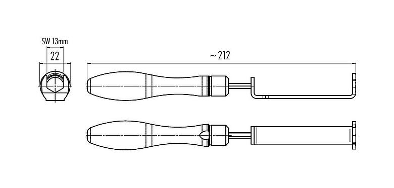 Scale drawing 07 0086 000 - M12-A/B/D/K/K/L/S/T/US/X / AS-Interface - installation spanner with torque limitation 0.6 Nm, SW 13 mm; series 713/715/722/763/766/775/813/814/815/825/866/876