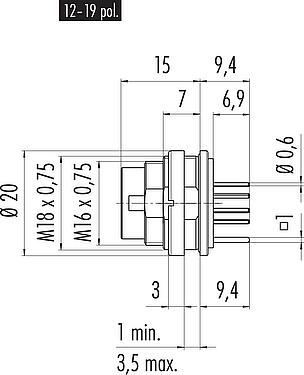 比例图 M16 针头法兰座, 极数: 12 (12-a), 可接屏蔽, THT, IP67, UL 2238, M18x0,75, 後壁安裝