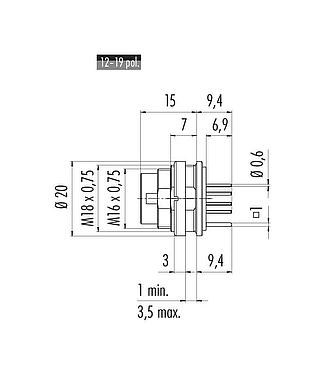 比例图 M16 针头法兰座, 极数: 12 (12-a), 可接屏蔽, THT, IP67, UL 2238, M18x0,75, 後壁安裝
