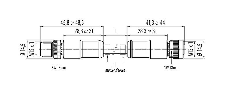 Scale drawing M12 Connecting cable male cable connector - female cable connector, Contacts: 8, unshielded, moulded on the cable, IP67/IP69K, UL 2238, PUR, black, 8 x 0.25 mm², 5 m