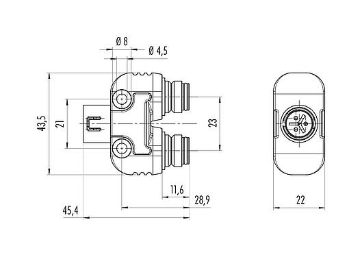 Scale drawing Snap-In Twin distributors, Y-distributor, Contacts: 3, unshielded, pluggable, IP67, UL 2238, VDE